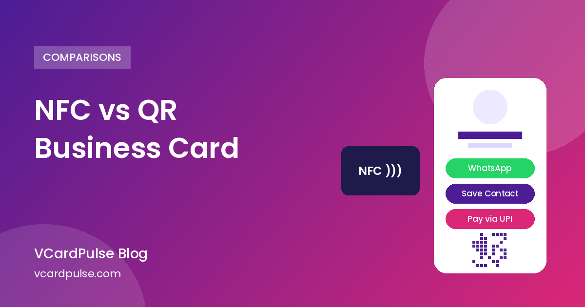 Illustration comparing an NFC tap card with a QR code digital business card on a phone